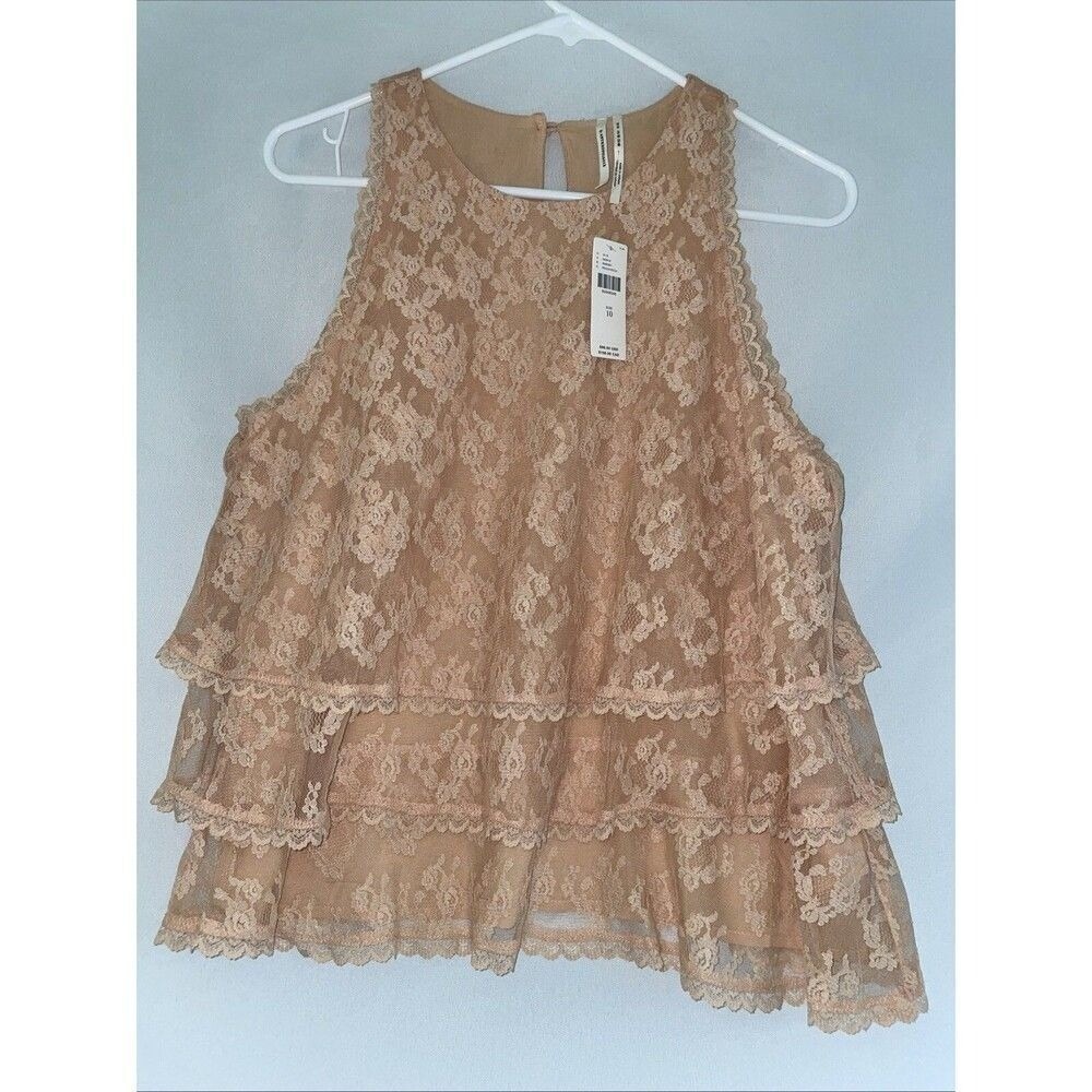Nwt Anthropologie Tiered Ruffle Scallop Lace Tank‎ Top Peach Pink Nude Size 10